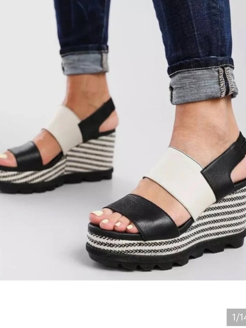 Sorel Joanie II Slingback Wedge Sandal - Black sea salt colorblock Cream 8.5